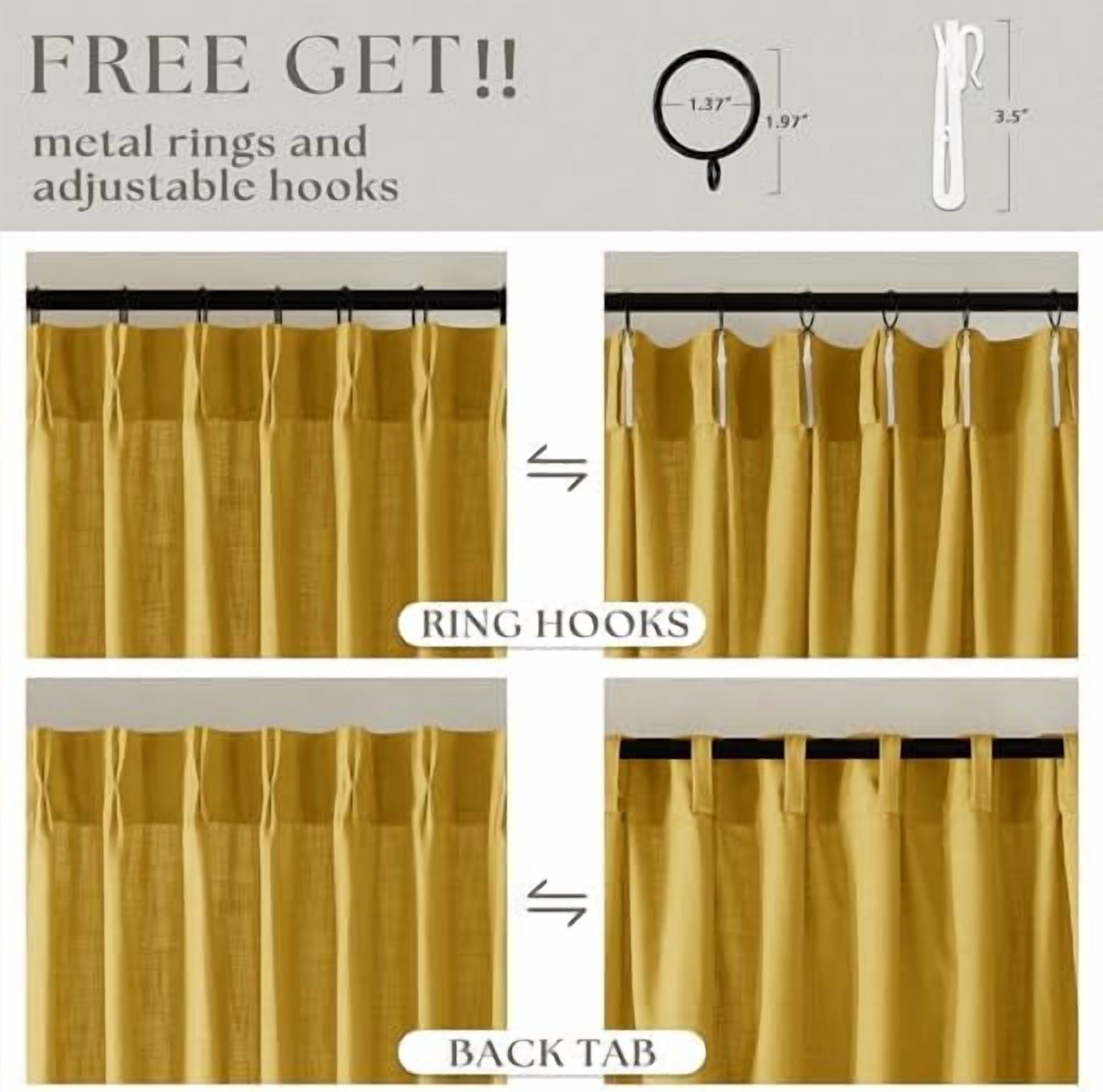 Mustard Yellow 90 Inch Linen Curtains Pinch Pleated for Living Room Bedroom Dining Boho Light Filtering Pinch Pleat Drapes Hooks Rings Back Tab Semi Sheer Gold Harvest Spring Window Curtains 2 Panels