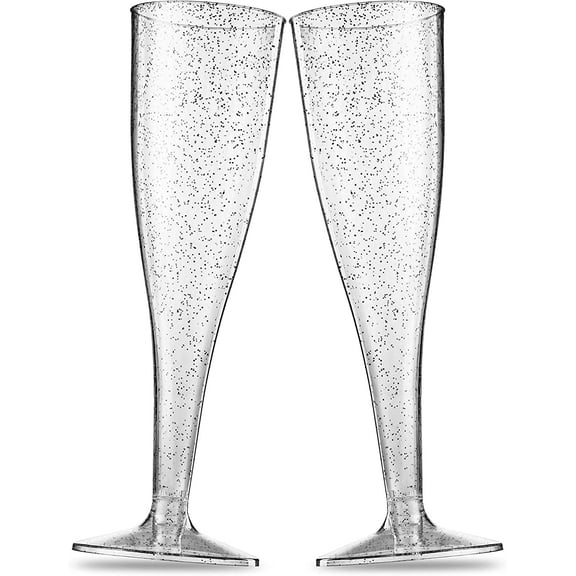 100 Plastic Champagne Flutes - 5 Oz Disposable Silver Glitter Champagne Glasses for Parties, Mimosa Bar, Events, Wedding and Shower Party Supplies - Toasting Cocktail Cups