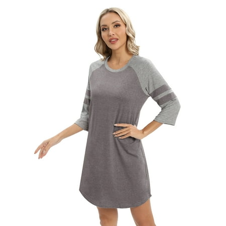 

WBQ Nightgown 3/4 Sleeve for Women Sleepwear Crew Neck Loungewear Aboce The Knee Length Nightshirt Gray S-2XL