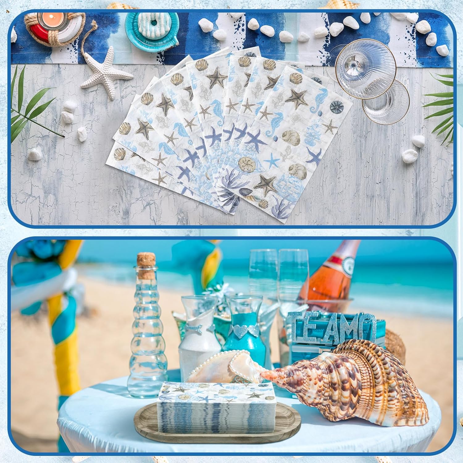 200 Pieces Sea Paper Napkins Summer Paper Guest Towels for Bathroom Decorative Sea Blue Starfish Disposable Guests Paper Napkins Nautical Coastal Hand Towels for Bathroom Wedding Dinner Party