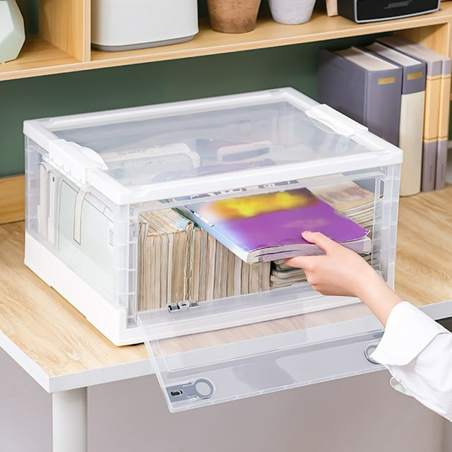 Storage Bins With Lids, 28L Folding Plastic Storage Bins For Closet Organizer, Stackable Toy Storage Bins, Two Opening Ways, Install-Free, With Wheels, For Bathroom Kitchen Bedroom