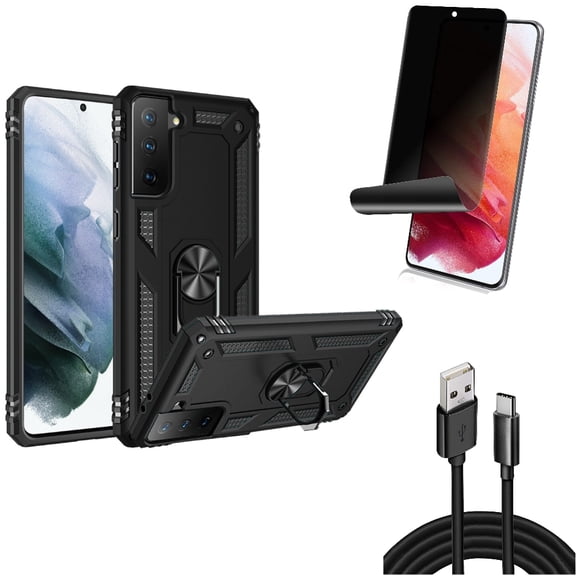 Hybrid Case Cover & Privacy Screen Protector & 10ft USB Cable for Samsung Galaxy S22 (6.1") - Metal Ring Kickstand & TPU Film Fingerprint Works & Type-C Charger Cord Accessory Bundle