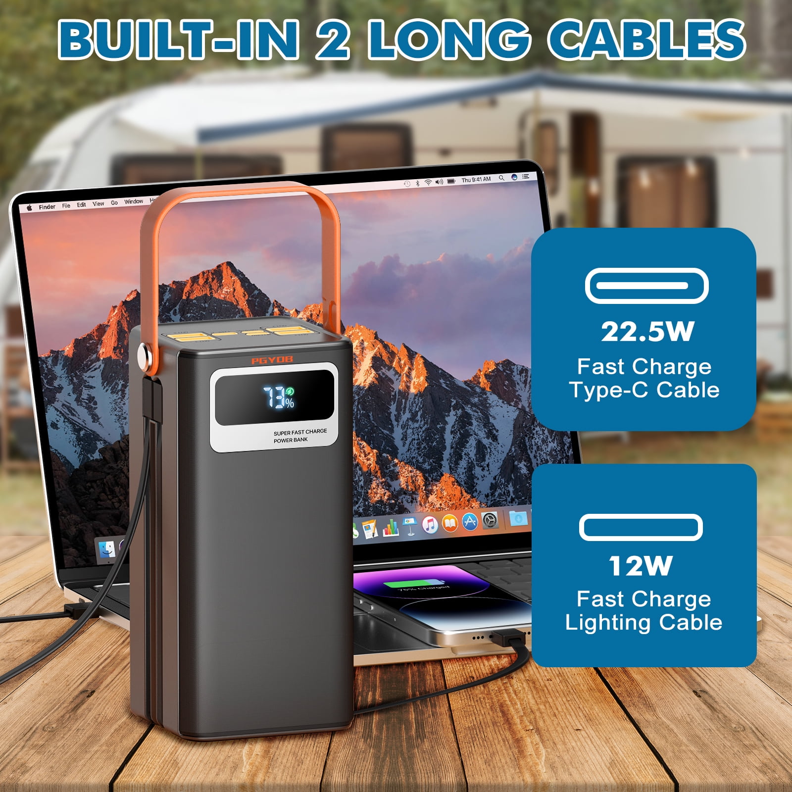 PGYOB Portable Charger Power Bank 50000mAh with Built-in Cables, 120W Super Fast Charging & Solar Input, for Laptop,iPhone,Android, Home, Camping, Emergency