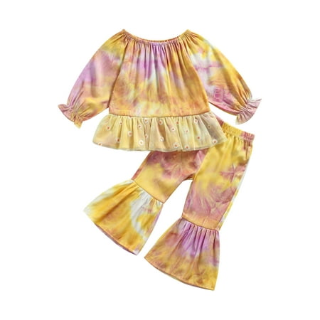

Suanret 2Pcs Toddler Infant Baby Girls Tie-dye Outfits Daisy Print Mesh Patchwork Pullover+Flared Pants Set Yellow 18-24 Months