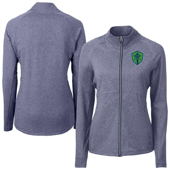Women's-Cutter & Buck  Heather Navy Seattle Sounders FC Adapt Eco Knit Hybrid Recycled Raglan Full-Zip Jacket