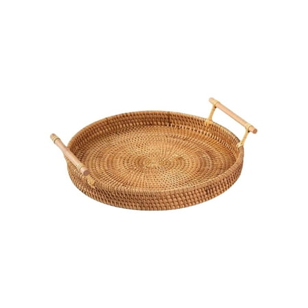

Promotion Clearance! Rattan Storage Tray with Handle Round Handwoven Wicker Basket Bread Food Plate Fruit Tea Cake Platter Dinner Serving Tray Wooden 22X3.5cm