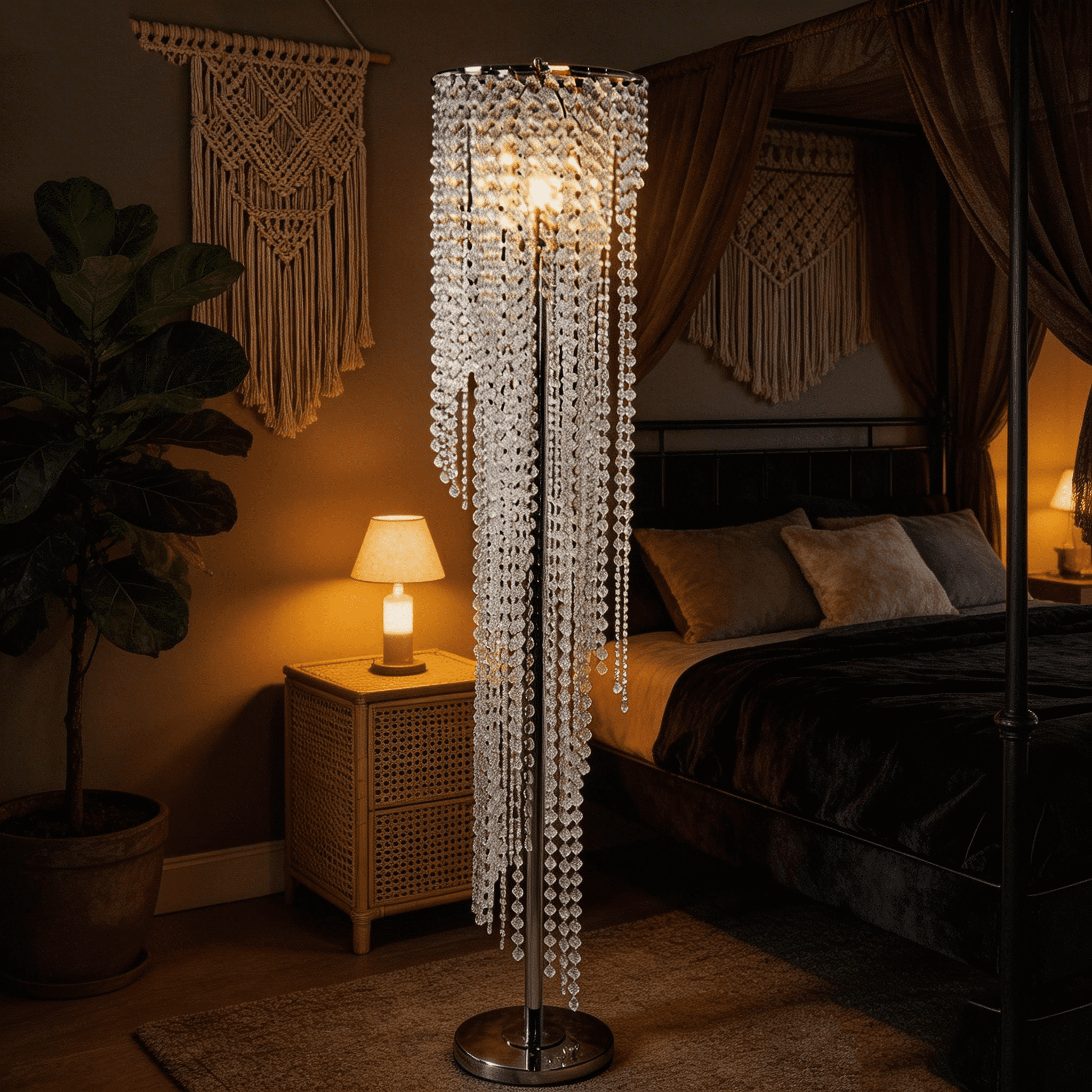 JERFIT Modern Crystal Floor Lamp for Living Room, Chrome Finish with Glass Beads, Tall Standing Lamp for Bedroom, Ambient Light with Refractive Crystals, UL Listed