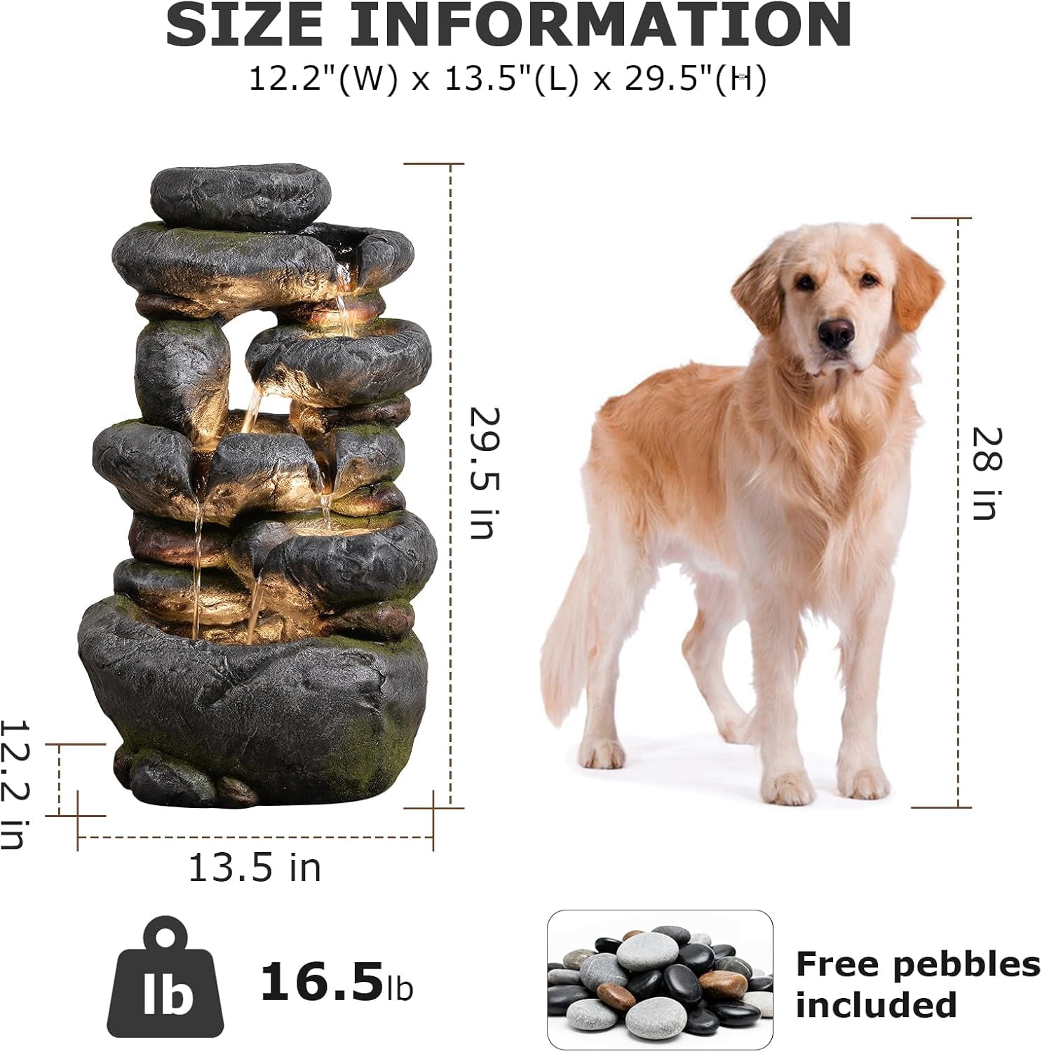 5-Tier Cascading Rock Water Fountain Outdoor, 29.5''Tall Outside Fountains and Waterfalls with Lights for Garden, Patio, Yard, Deck Home Decor with Natural Stone Look
