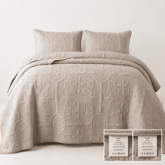 Beige Queen Damask Quilt Bedding Set 3 Pieces