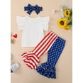 thumbnail image 3 of Bagilaanoe 4th of July Clothes for Toddler Baby Girl Short Sleeve Letter Print T-shirt Tops + Striped Flare Trousers + Headband 12M 18M 24M 3T 4T 5T Kid Independence Day Outfits 3pcs Long Pants Set, 3 of 9