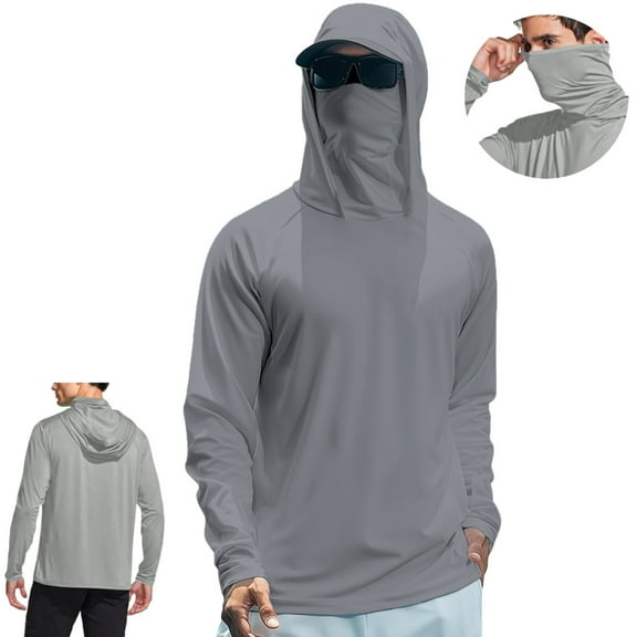 Zimjoy Fishing Shirts for Men UPF 50 Sun Protection Hooded Shirt with Mask Rash Guard Long Sleeve Hiking Cooling Blouses, Gray L