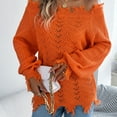 thumbnail image 7 of Women's Openwork Knit Sweater Casual Long-Sleeved Off-The-Shoulder Top With Frayed Edges, 7 of 7