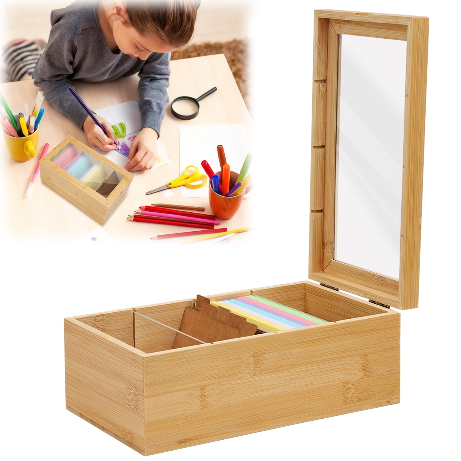 Bamboo Index Card Organizer - 3x5 Index Card Holder Box With Dividers - Wood Recipe Box With Lid - 4 Compartments For 1200 Cards - 5.9"W x 9.84"D x 3.97"H
