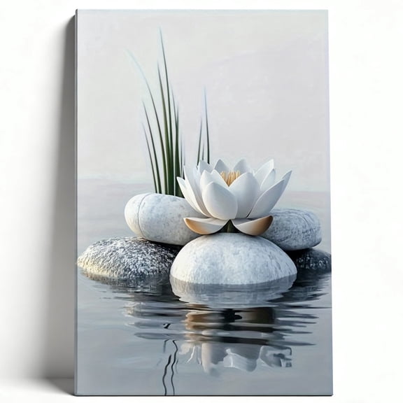 White Lotus Zen Stone Framed Canvas Wall Art - Minimalist Spa Water Lily Print, Calming Meditation Decor For Bathroom, Living Room, Bedroom, Yoga Studio 8*12inch(20*30cm)