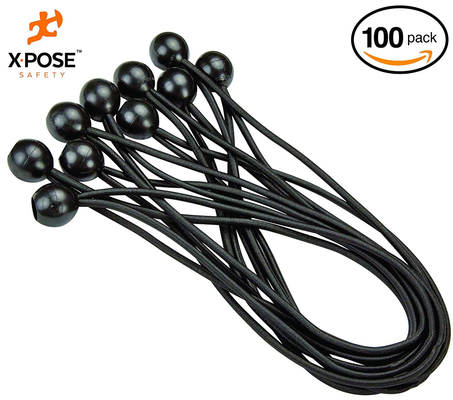 Xpose Safety Bungee Ball Cords 11” 100 Pack Heavy Duty Black Stretch Rope With Ball Ties For