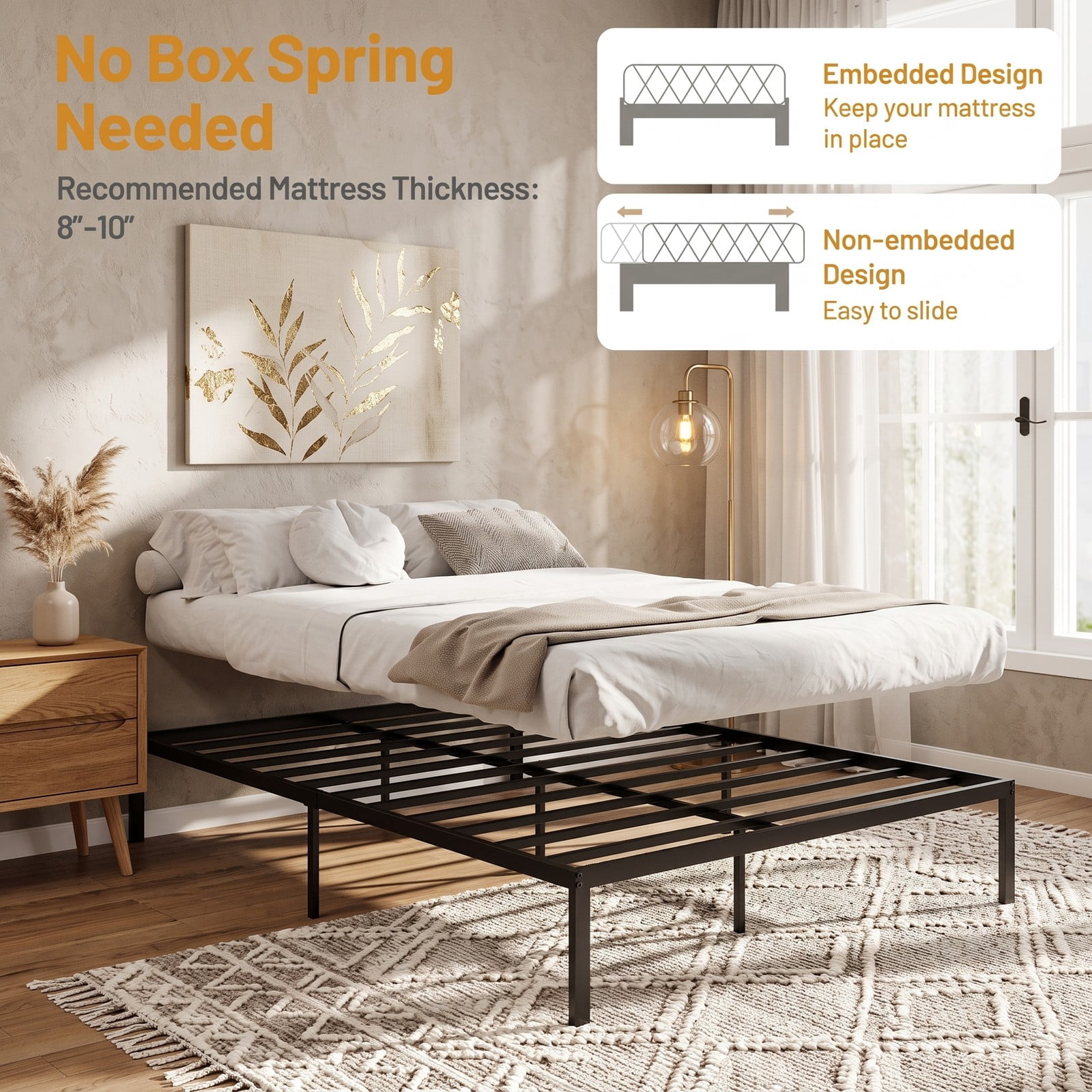 Furnibear Queen Bed Frame Metal Platform Bed with Heavy Duty Slat Support and Extra Center Legs for Bedroom, Black