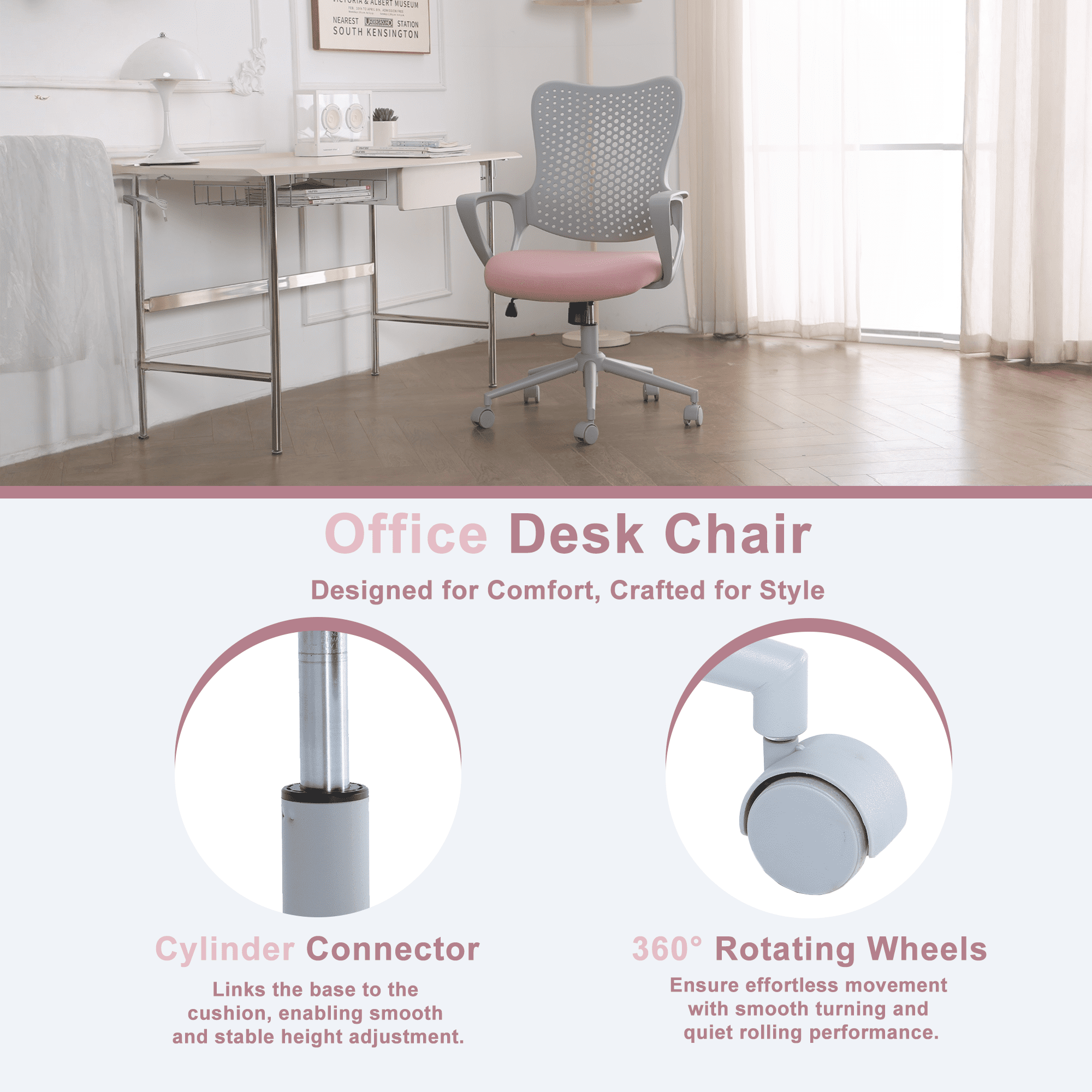ENYLAY Ergonomic Office Chair, Breathable Mesh Computer Desk Chair with Armrests & Rolling Swivel, Butterfly Back Design Task Chair for Home Office, Adults Teens (Pink)
