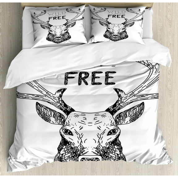 Adventure Queen Size Duvet Cover Set, Artistic Deer Head Tribal Sketch with Antlers Inspirational Wild and Free Phrase, Decorative 3 Piece Bedding Set with 2 Pillow Shams, Black White, by Ambesonne