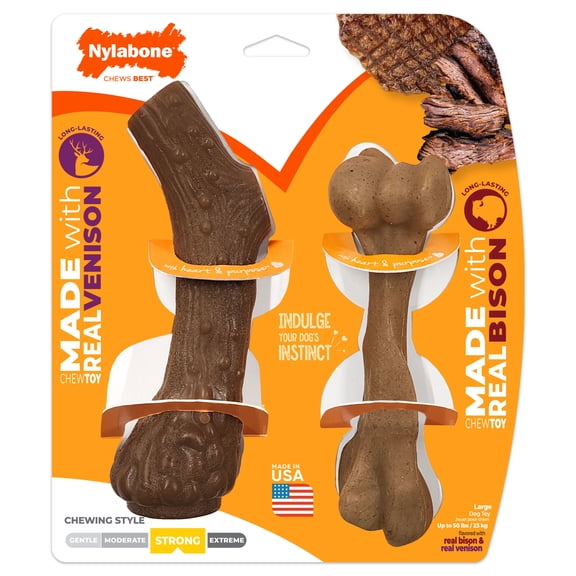 Nylabone Strong Chew Antler & Femur Bone Dog Toy, Dog Chew Toy Made with Real Bison & Venison, Large