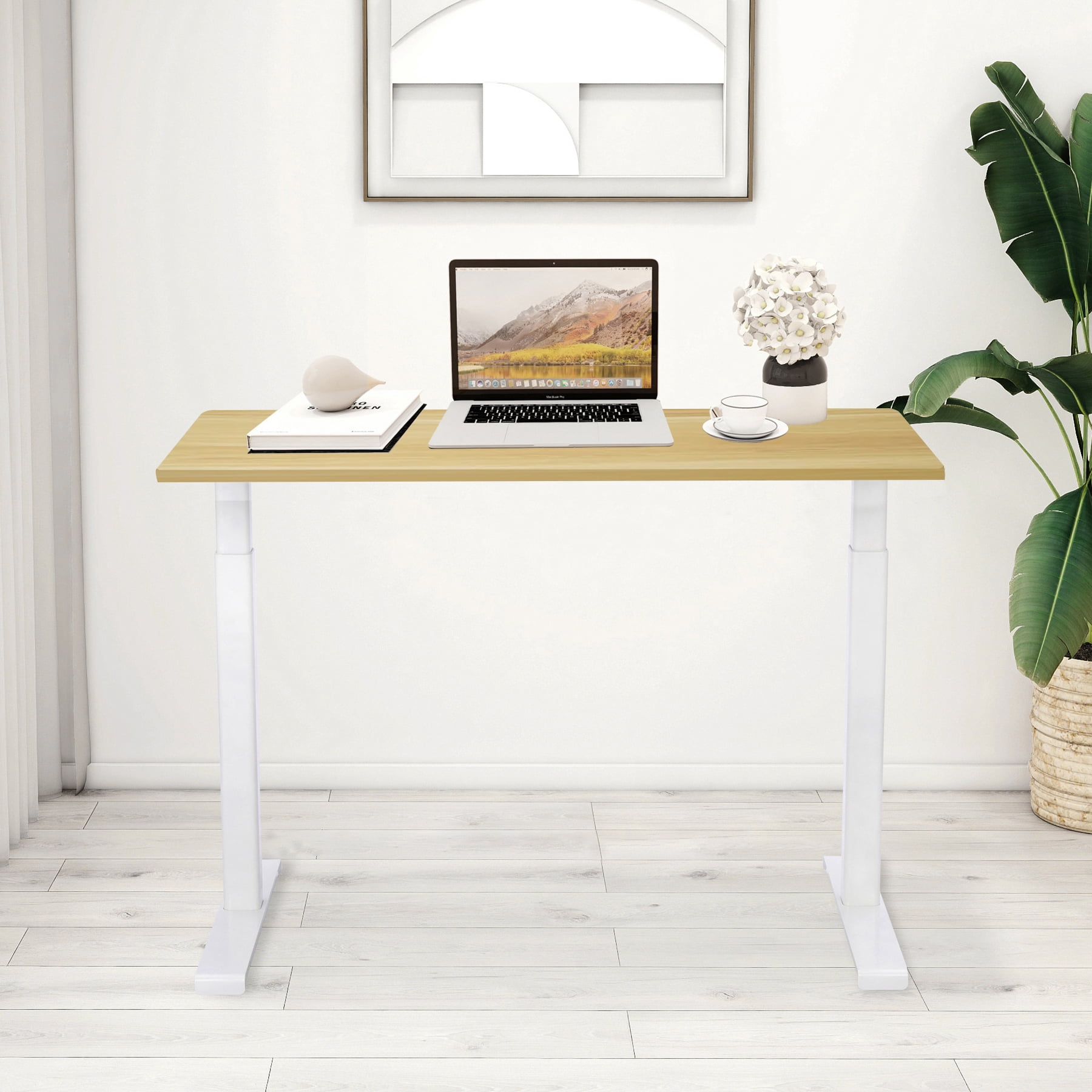 Rise Up Essential Electric Standing Desk 23.6x47.2” | Affordable Adjustable Height 27–46” Sit Stand Ergonomic Office Desk with Maple Top, Memory Control & White Frame