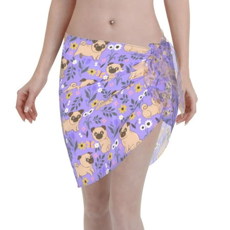Coaee Pugs and Flowers Women s Short Sarongs Beach Wrap Sheer Bikini Wraps Chiffon Cover Ups for Beach  Swimming  Holiday