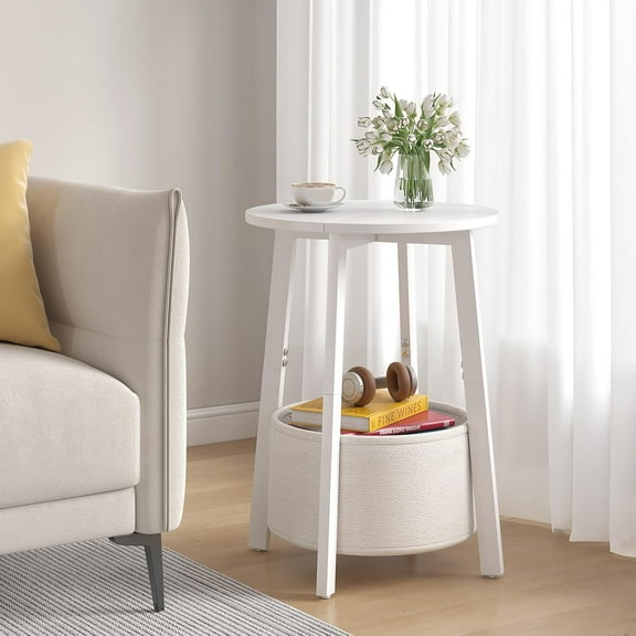 Small Round Side End Table with Cloth Storage Basket, Round Bedside Sofa Couch Coffee Tables for Small Places with Metal Frame, Modern Nighstands for Living Room Bedroom,White