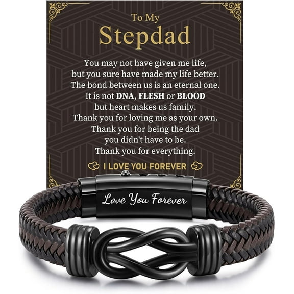 Mens Leather Bracelet Dad Gifts - Brown Braided Leather Infinity Knot Bracelets Engraved Love My Dad for Men, Daddy Jewelry Gift from Daughter Son for Father's Day Birthday