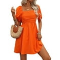 thumbnail image 3 of Women'S Puff Short Sleeve Boho Dress Square Neck Summer A Line Dresses Orange Red XL, 3 of 9