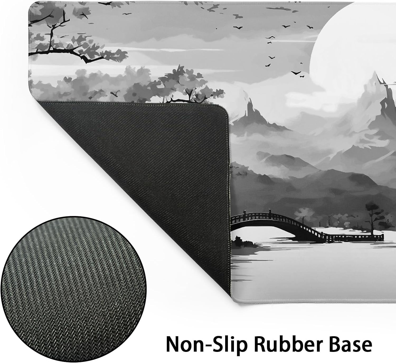 Black Gray Japanese Sakura Gaming Mouse Pad XL Grey White Cherry Blossom Tower Mountain Aesthetic Extended Large Desk Mat Mousepad Non-Slip Rubber Base Stitched Edge Desk Pad for Desktop,31.5×11.8
