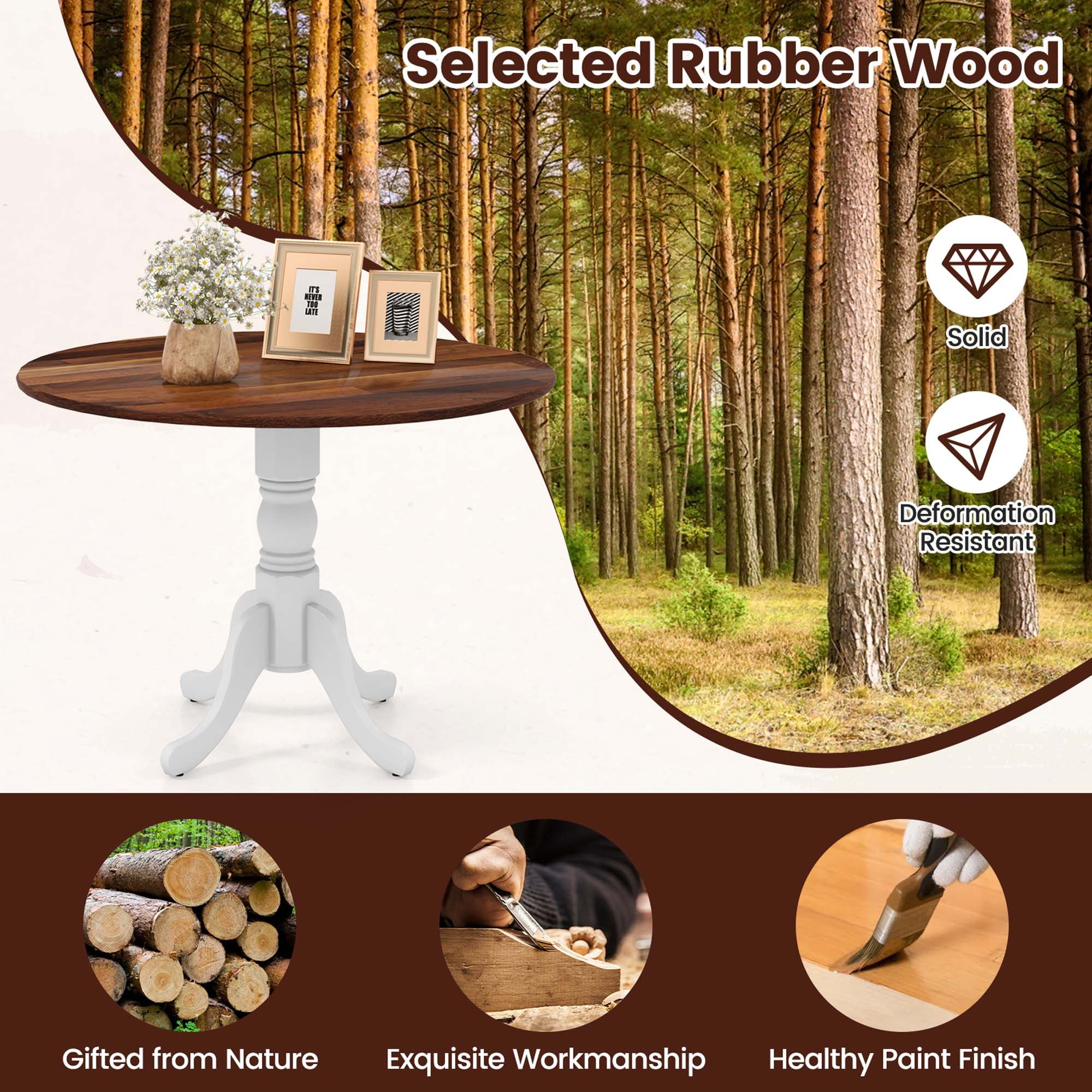 Costway 4-Person Dining Table Wooden Kitchen Table with Solid Rubber Wood Frame for Kitchen White&Walnut