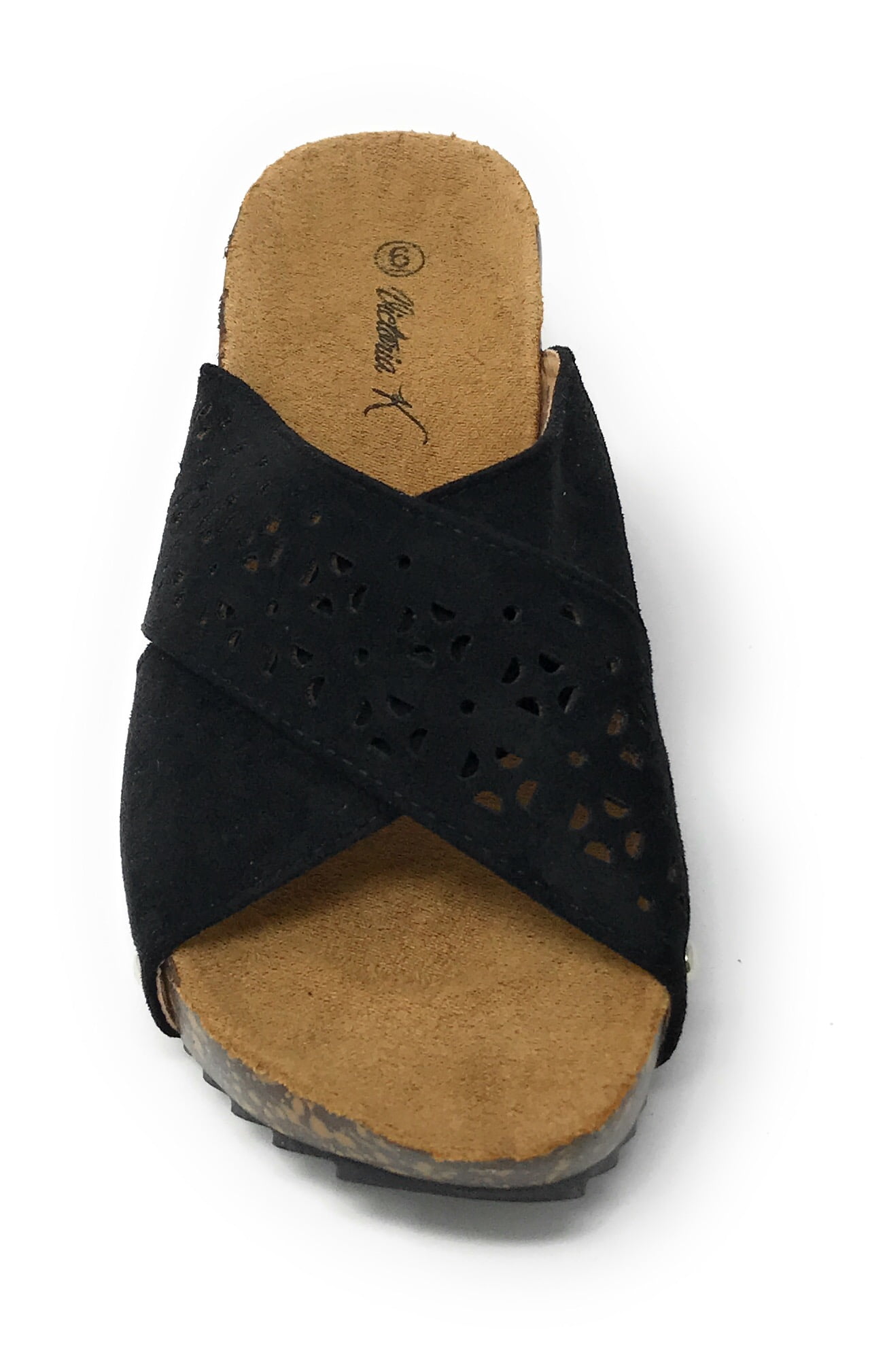 Victoria K Women's Laser Cut Out With Cross Over Strap Cork Wedge Sandals