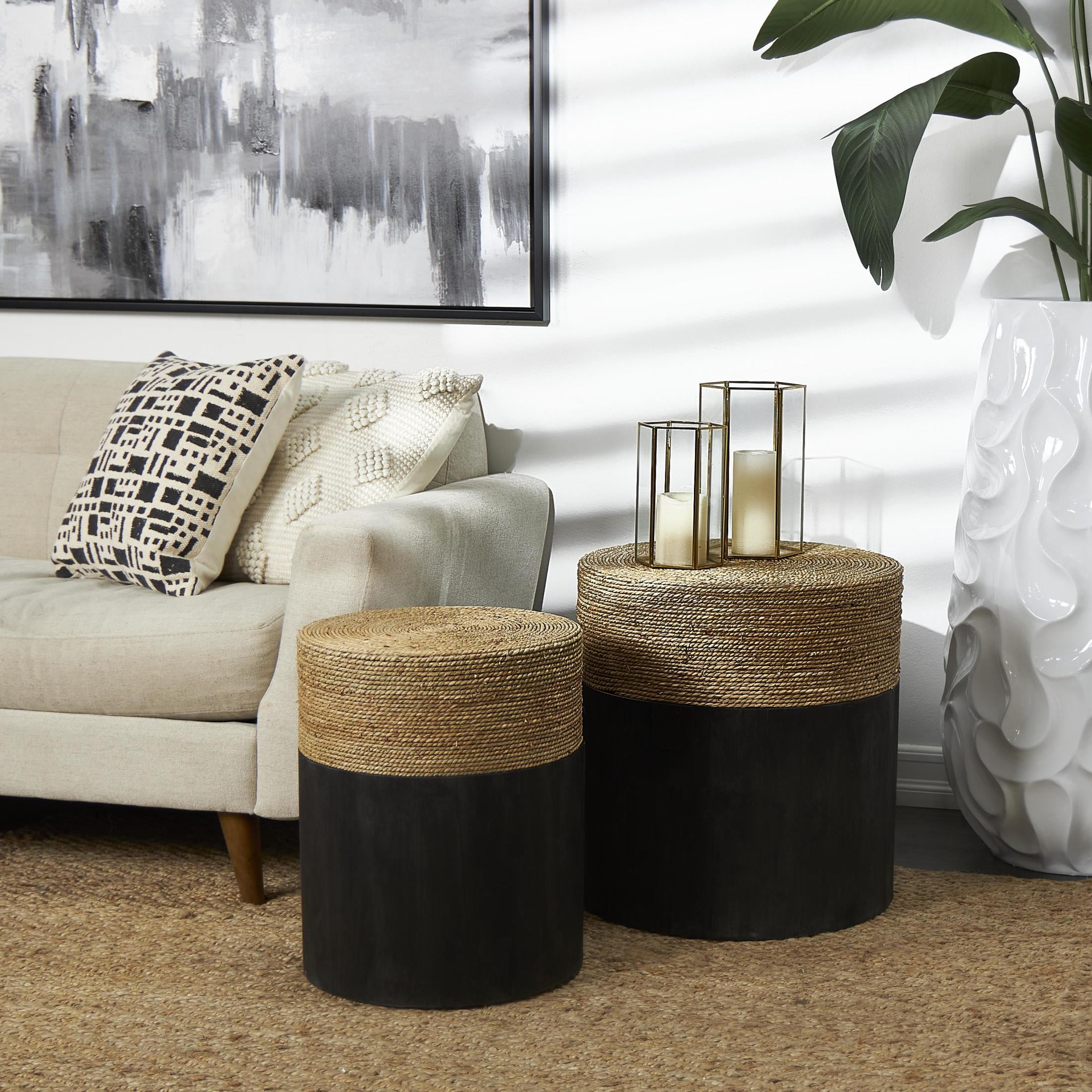 DecMode 19" x 20" Black Wood Handmade Accent Table with Brown Wrapped Seagrass Tabletops, 2-Pieces