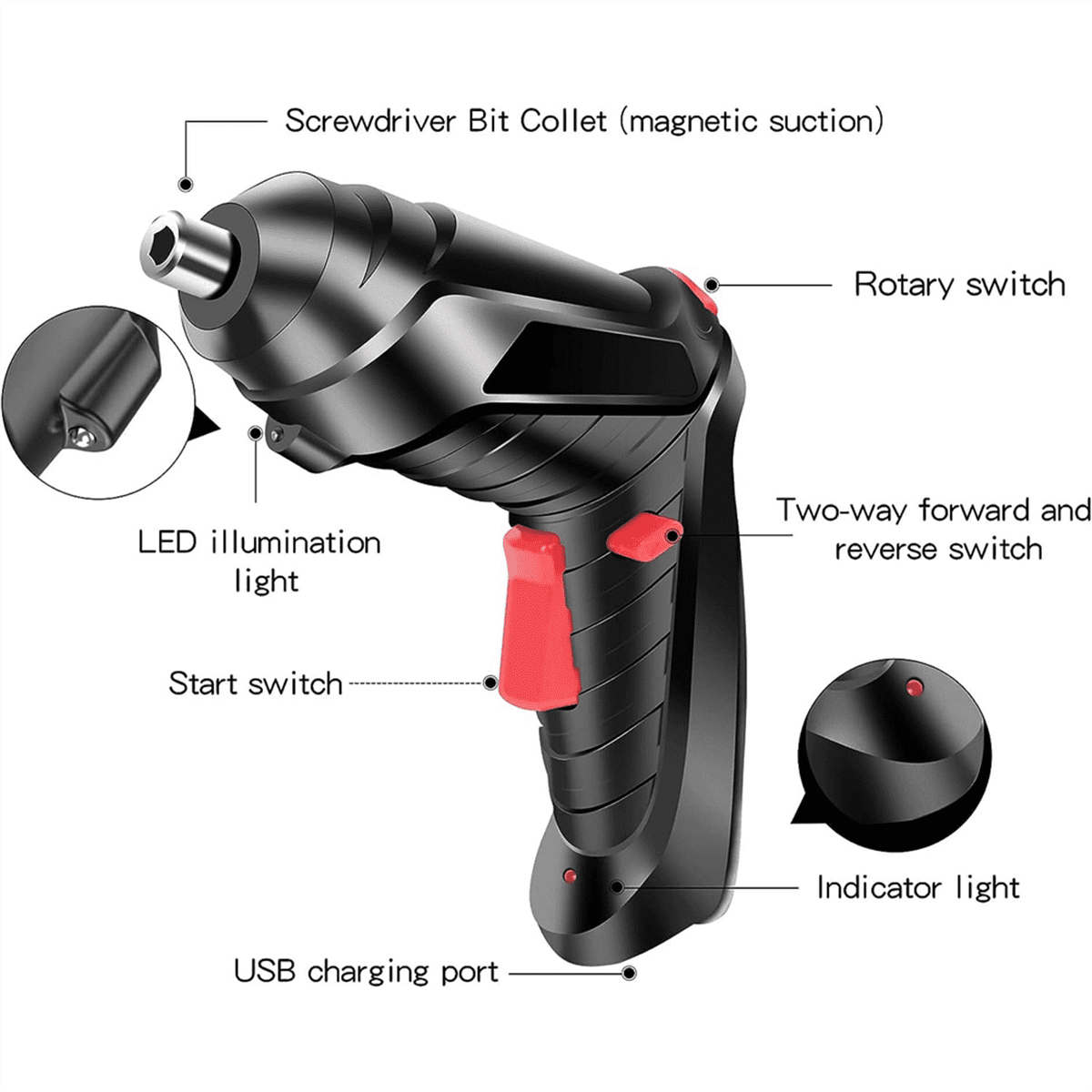 Electric Screwdriver 47Pcs Cordless Screwdriver 3.5N.M Power Screwdriver, 3.6V Cordless Drill Screwd Black Plastic+Metal