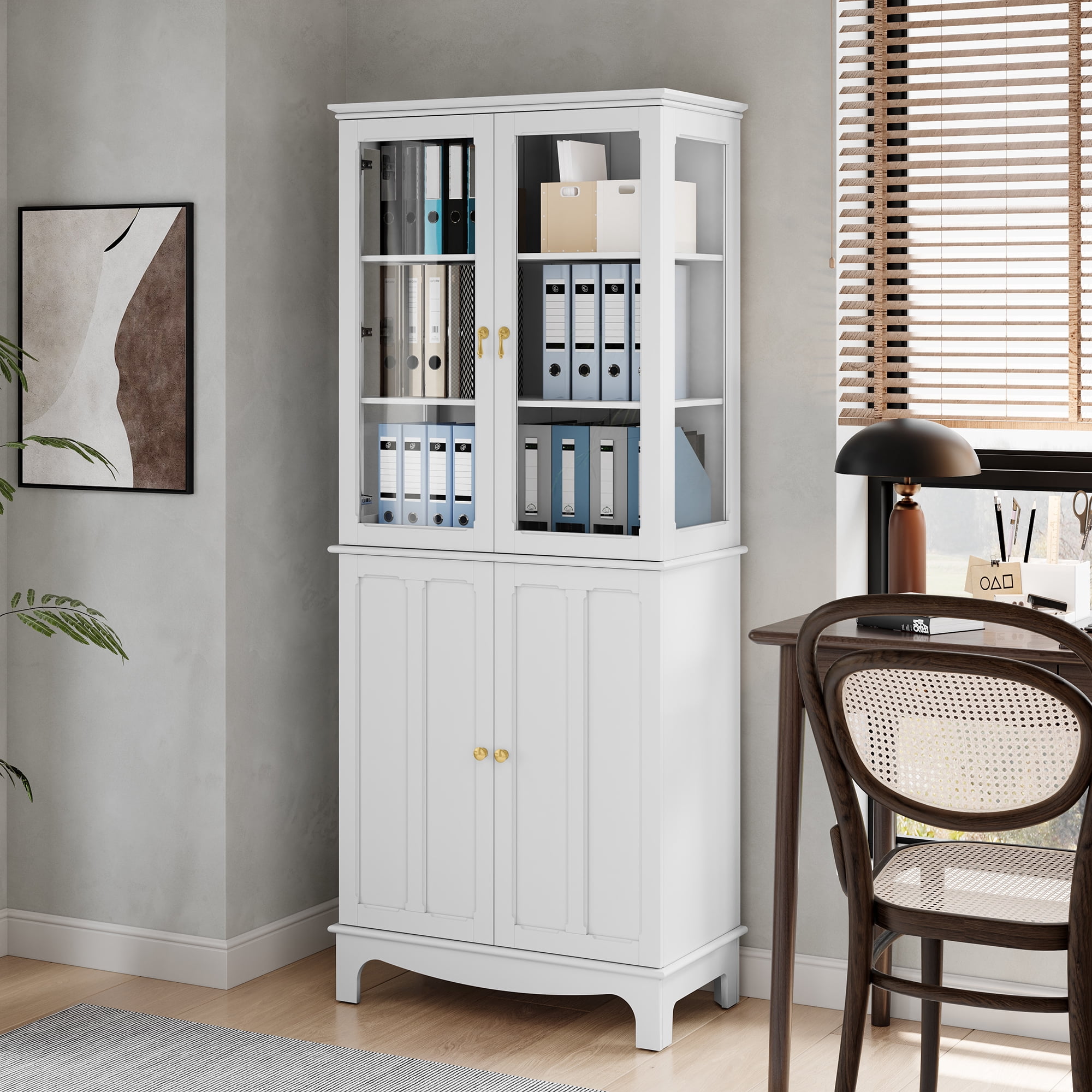 HLR 72 " Freestanding Kitchen Pantry Storage Sideboard,Glass Display Cabinet with Doors, White