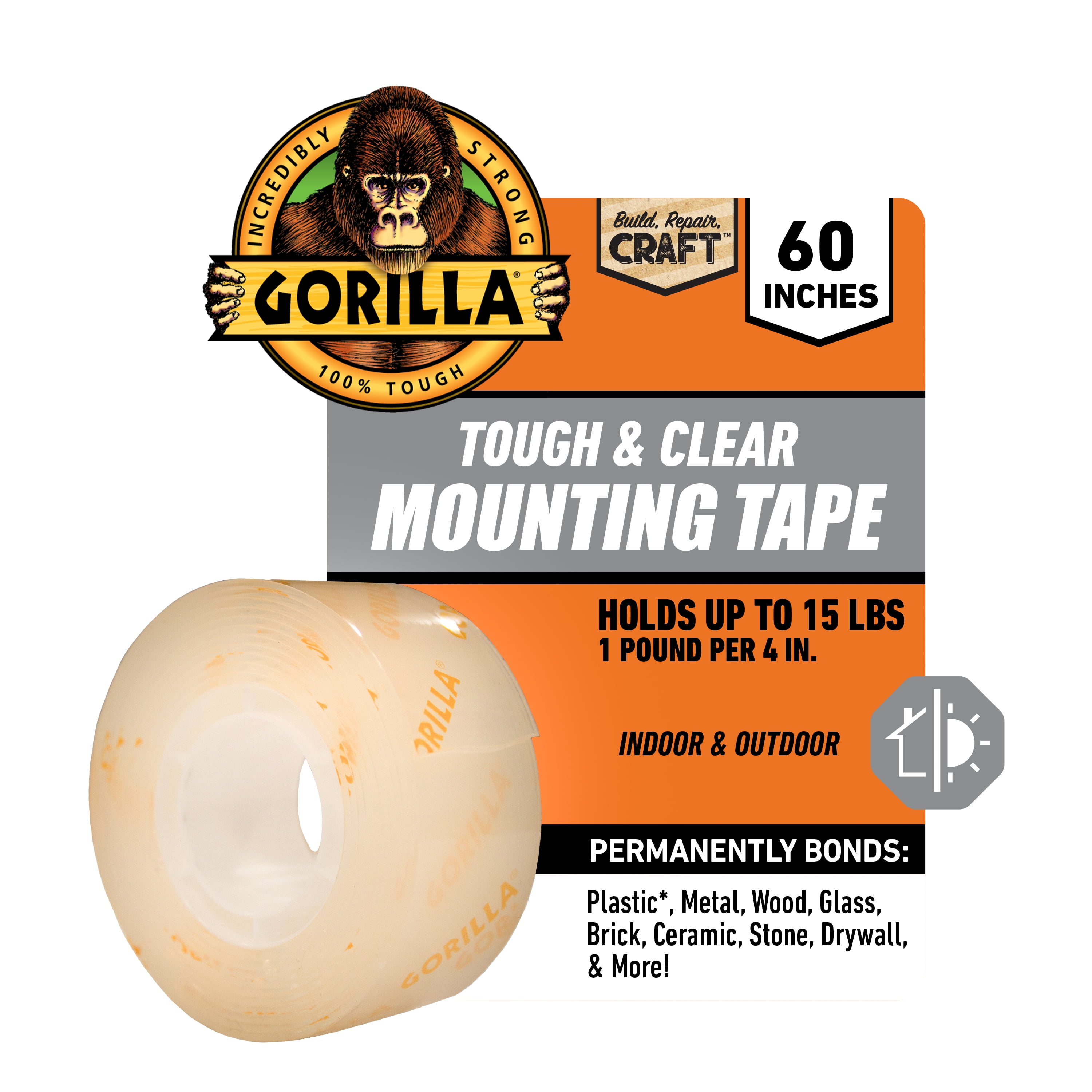 (2 pack) Gorilla Tough & Clear Double-Sided Mounting Tape, 60" Roll-1 Pack/ Model 6065201, New