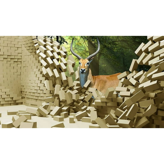 3D Wall Murals Art Decals Decorator-Wildlife Antelope BrokeThrough the Wall(40" X 22")
