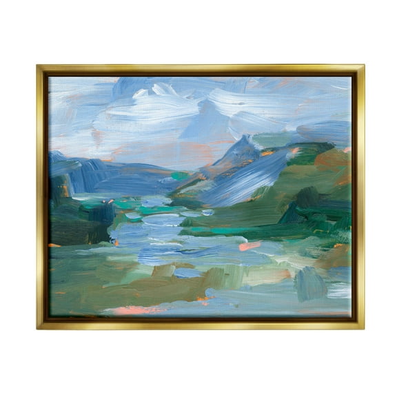 River Through Mountains Abstract Scene Landscape Painting Metallic Gold Framed Art Print Wall Art