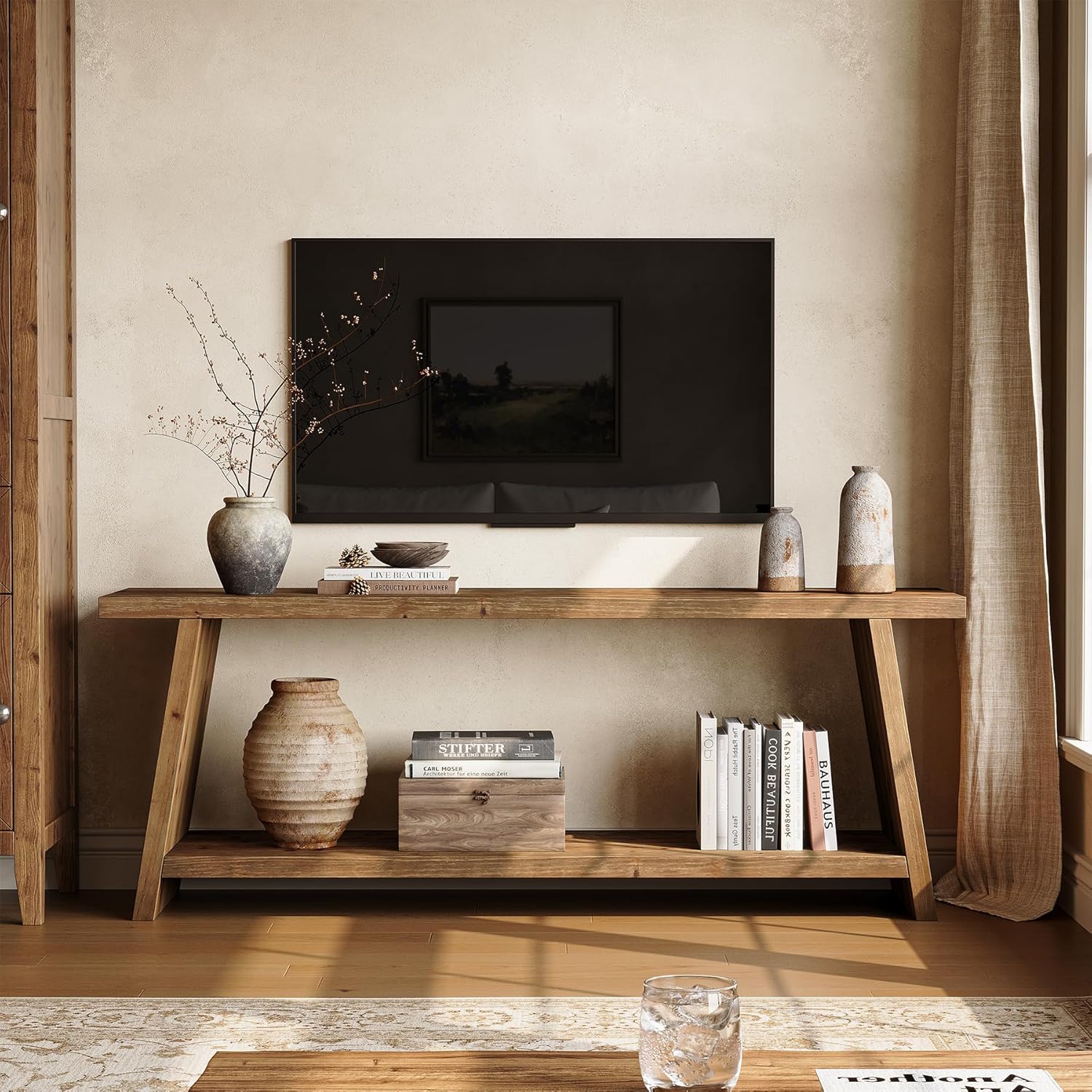 Finmind 2-Tier Solid Wood TV Stand, 63 inch Farmhouse Media Console for 55/60/65 inch TV, Entertainment Center with Storage  for Lving Room, Bedroom