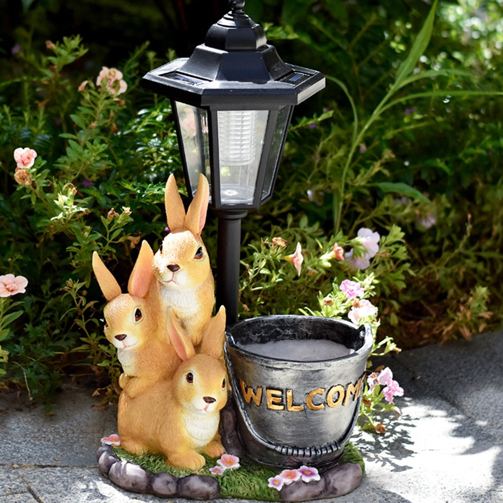 Taotanxi Solar Bunny Garden Stalue Outdoor, Easter Decoration Rabbits Figurine Flowerpot Decolwith Solar Lantem for Yard Art Lawn Ornaments Porch Patio Balcony - Gardening Gifts for Women Mom