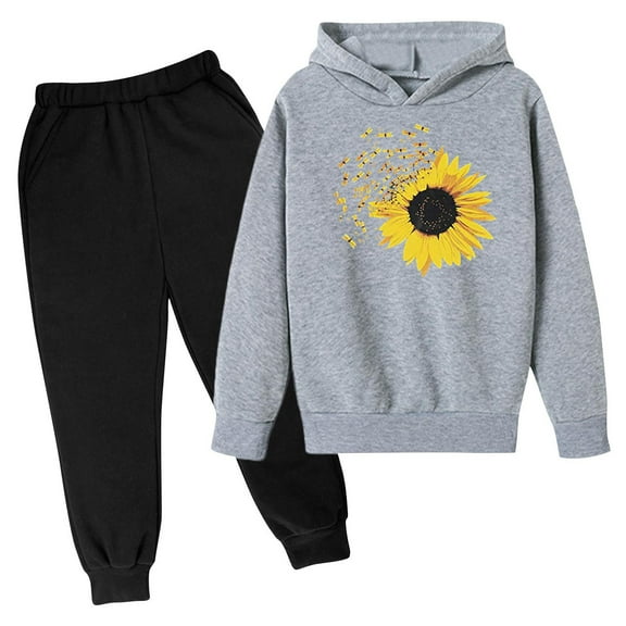 Odeerbi Toddler Boys Girls Winter Outfits Cartoon Print Sweatsuits Children Fashion Casual Long Sleeve Sunflower Print Hoodies Sweatpants Tracksuit Set Gray