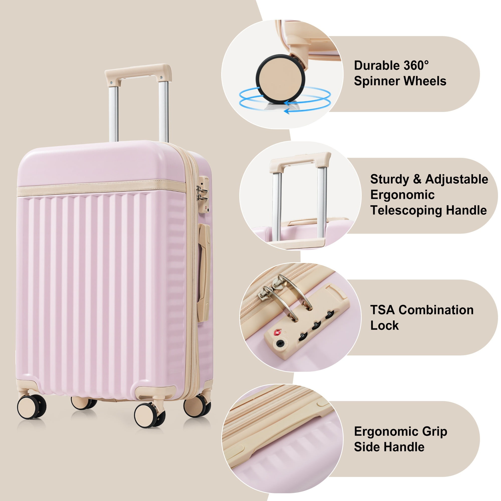 Euroco 3 Piece Front Opening Luggage Set, Hardshell Expandable Carry on Suitcase with Spinner Wheels,USB Port & TSA Lock, Lightweight Luggage for Travel,20in/24in/28in,Pink