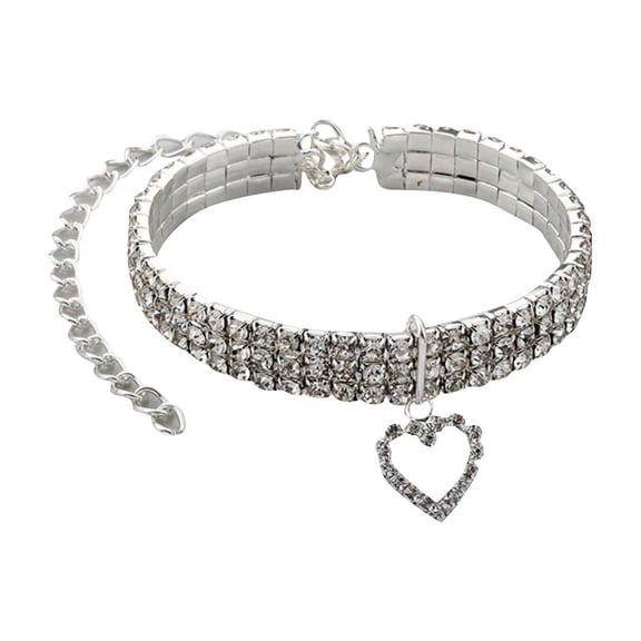 Gardjoe Triple Row Elastic Rhinestone Pet Collar with Heart Pendant and Extender Chain for Small Dogs Cats Party Wedding Jewelry