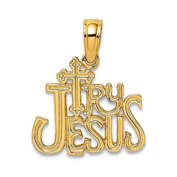 14k Gold Try Religious Faith Inspiration Jesus High Polish and Engraved Charm 16.55x14mm Wide Pendant Necklace for Women