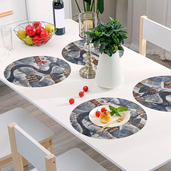 Round Grid Placemat ,One Sizex1, Round Placemat, PVC Plate Mat,15.4 Inch Non-Slip and Heat Resistant, Table Placemat, Dining Room Placemat Winter Town