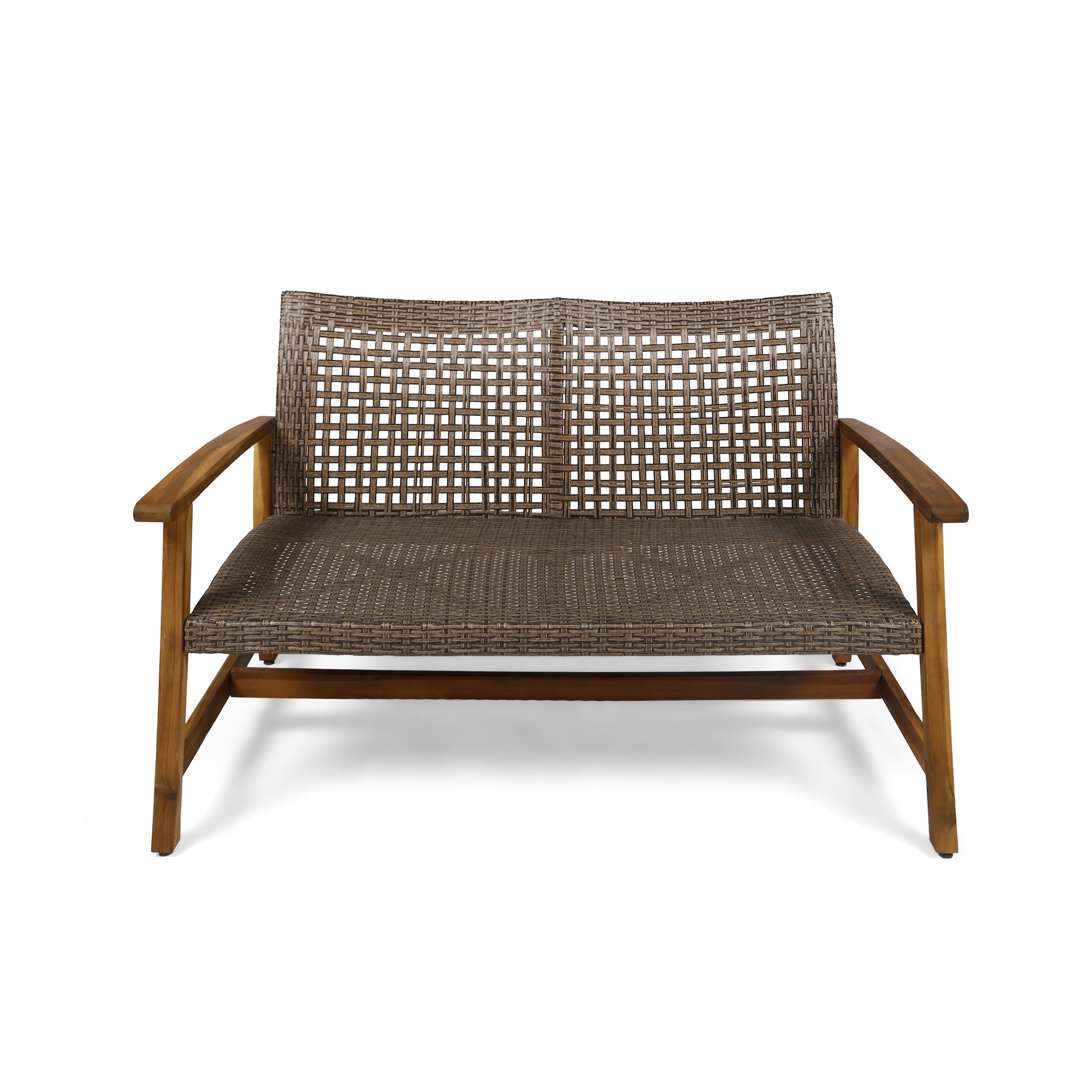 Outdoor Wood Woven Combined Double Seat Loveseat, Mixed Material Leisure Sofa for Patio Garden, Multi Brown and Gray