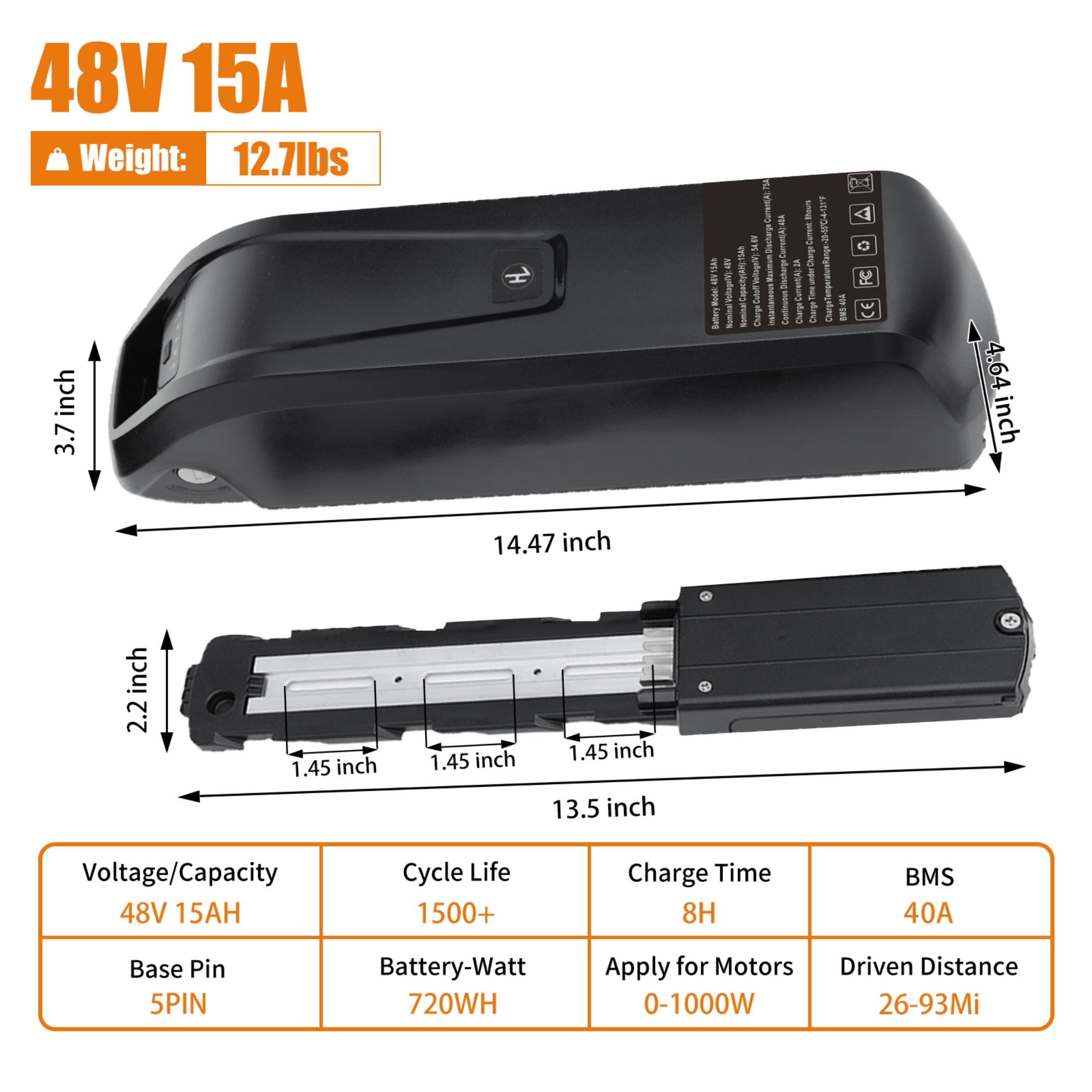 5 Pins 48v 15.6ah Ebike Battery with Charger Lithium ion Battery for Electric Bicycle Scooter