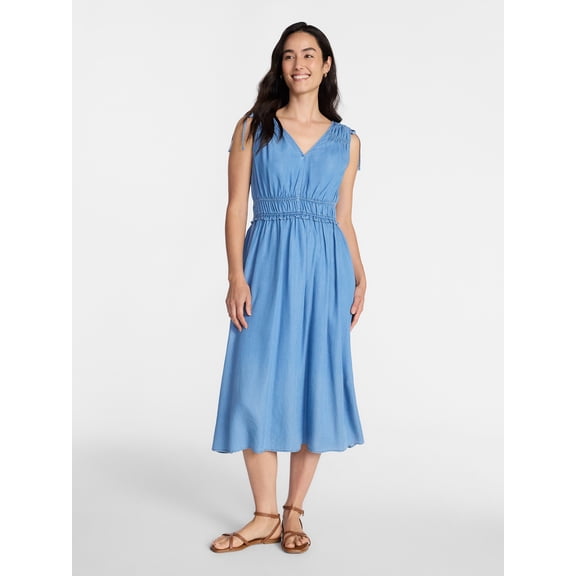 Time and Tru Women's Ruched Tie Shoulder Midi Dress, Sizes XS-XXXL