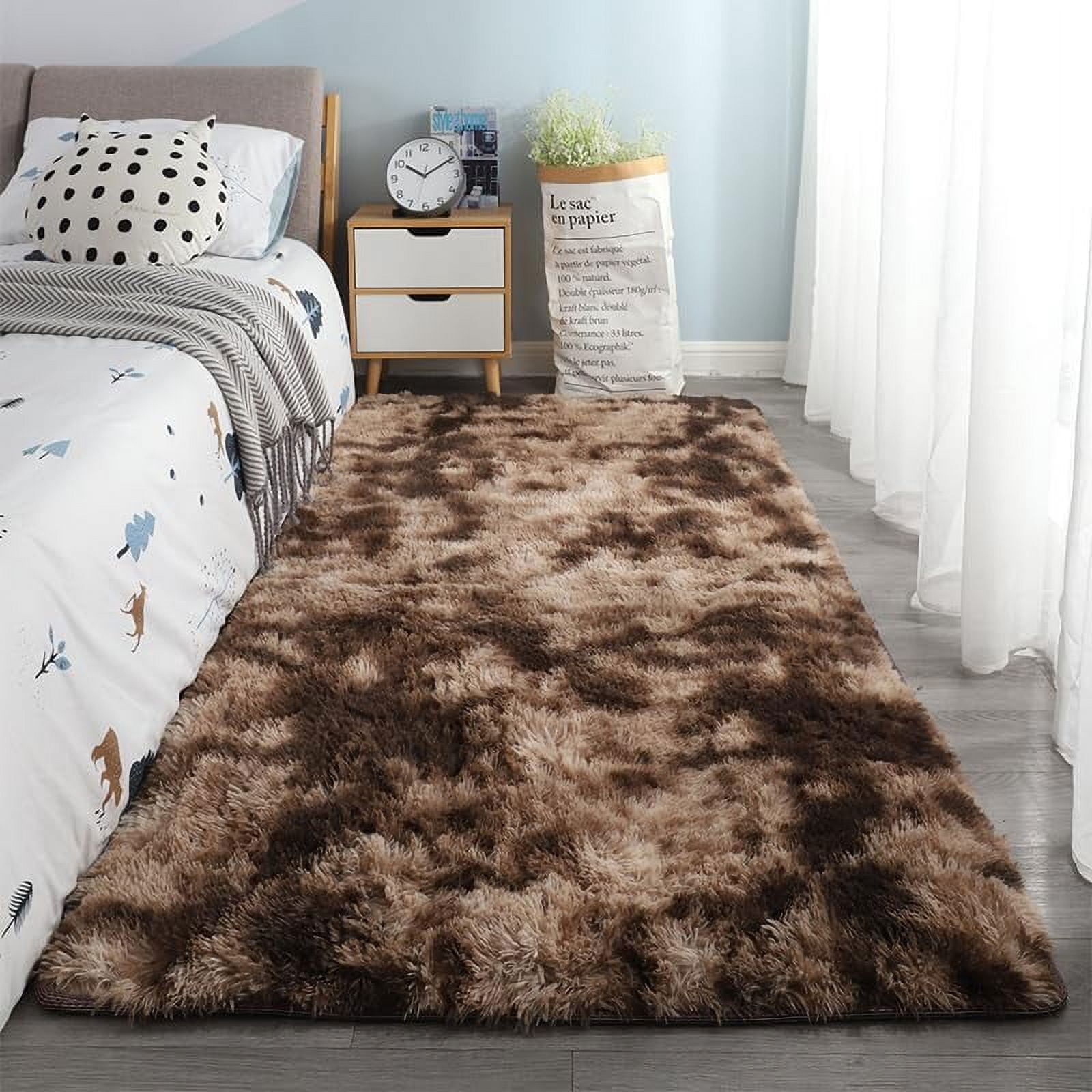 Junovo Luxury Velvet Shag Area Rug Modern Indoor Fluffy Rugs, Extra Comfy and Soft Carpet For Bedroom Living Room Kids Room,6'x9',Coffee