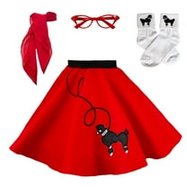Hip Hop 50's Shop 1950s Girls 4 Piece Poodle Skirt Costume Outfit for Kids with Accessories (glasses, socks, scarf) (Small Child 4-6, Red)