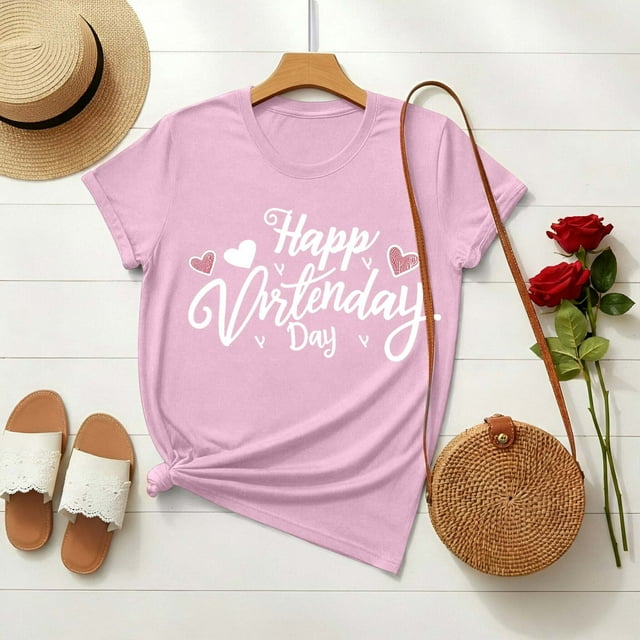 Nuoqisi T-Shirt à Col Rond Imprimé à Manches Courtes pour la Saint-Valentin pour Femmes, Haut à Motif Mignon pour Tenues Décontractées, T-Shirt Mode pour Dames